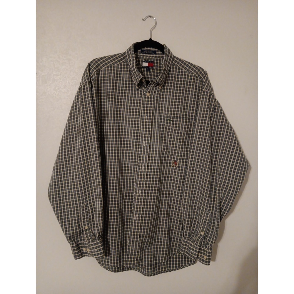 Tommy Hilfiger Button Down Shirt Men's  Sz XL Blue/White Plaid Long Sleeve Thick